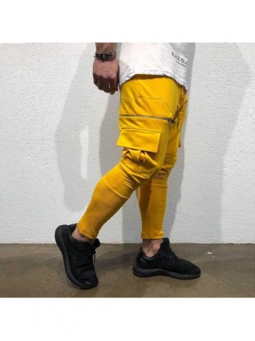 Briefs Joggers for Men 2019 New Slim Fit Cargo Pants Casual Workout Skinny Sweatpants with Zip Pockets - Yellow - CI192AX8DQ4...
