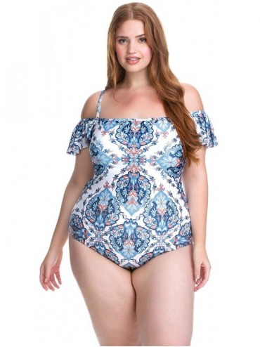 One-Pieces Women's Plus Size Ruffle X-Back One Piece Swimsuit - Multi - CE1868YRAZM $43.77