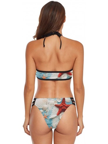 Sets Patriotic Retro Classic American Flag Women's Strap Side Bottom Halter Racerback Bikini Bathing Suits - Red Starfish Sea...