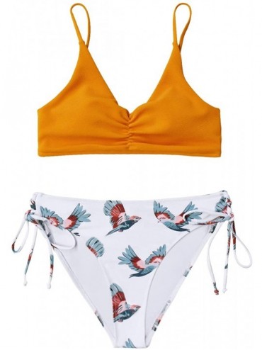 Sets Women Floral Strappy Lace Up Two Piece Swimwear Ajustable Bottom Ruched Bikini Set - Orange - C7199ZSQISU $18.56