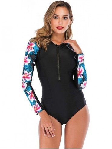 One-Pieces Womens Swimwear Monokini Swimsuits Sexy One Piece Bathing Suits Rash Guard - Black Pink Flower - C018SXR503Q $41.61
