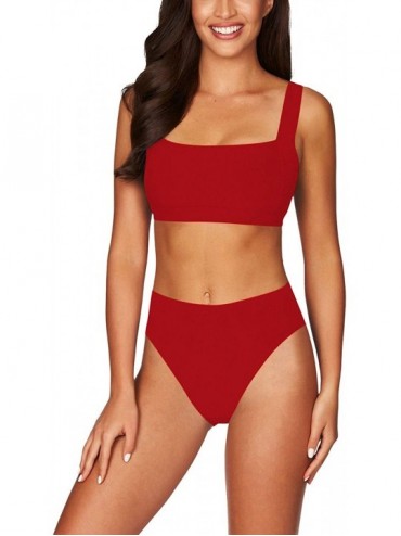 Sets Women's Square Neck Crop Top High Waisted Bikini Set Two Piece Swimsuit - A-red - CB199EH6880 $46.01