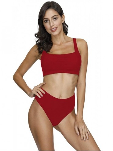 Sets Women's Square Neck Crop Top High Waisted Bikini Set Two Piece Swimsuit - A-red - CB199EH6880 $25.10