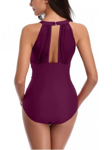 One-Pieces 2019 Women Mesh One Piece Swimsuits Tummy Control Bathing Suit Mock Neck Ruched Monokini Swimwear - Purple - C518R...