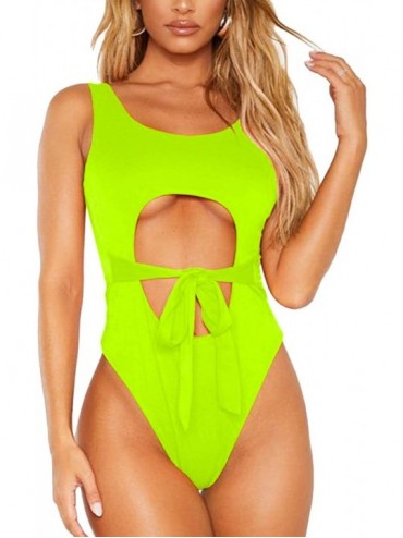 One-Pieces Women's Scoop Neck Cut Out Tie Belted Monokini One Piece Swimsuits - Neon Green - C71943DGGEA $41.88