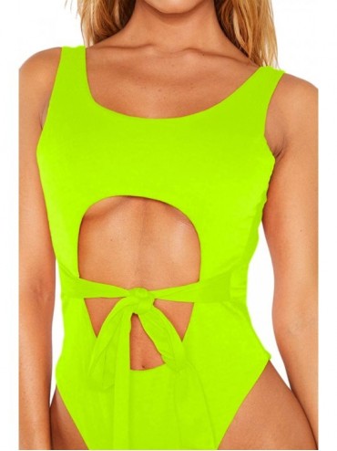 One-Pieces Women's Scoop Neck Cut Out Tie Belted Monokini One Piece Swimsuits - Neon Green - C71943DGGEA $21.18