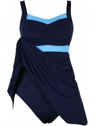 One-Pieces Vintage One Piece Swimdress Slimming Tummy Control Shaping Swimsuit Bathing Suit - Navy Blue - CM180O5EGE5 $24.35