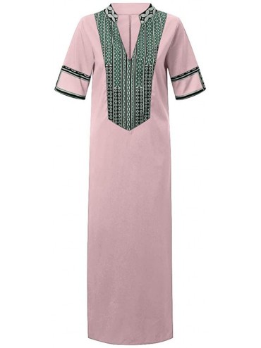 Rash Guards Women's Printed Long Sleeve V-Neck Maxi Dress Hem Baggy Kaftan Long Dress - Pink - CL18U7KHSL2 $21.15