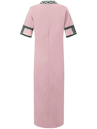 Rash Guards Women's Printed Long Sleeve V-Neck Maxi Dress Hem Baggy Kaftan Long Dress - Pink - CL18U7KHSL2 $21.15
