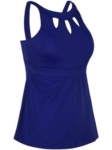 Tops Women's Halter High Neck Tankini Top Key Hole Bathing Suit - Navy Blue - CR18IHZ54T7 $29.44