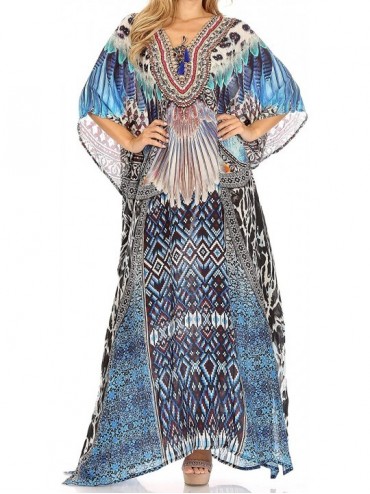 Cover-Ups Yeni Women's Short Sleeve V-Neck Summer Floral Long Caftan Dress Cover-up - Trb388-blue - CE197YM7YZM $76.45