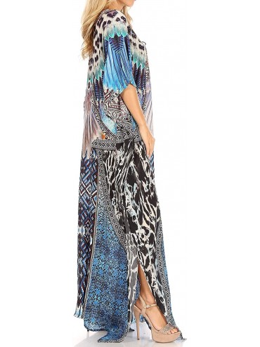 Cover-Ups Yeni Women's Short Sleeve V-Neck Summer Floral Long Caftan Dress Cover-up - Trb388-blue - CE197YM7YZM $45.87