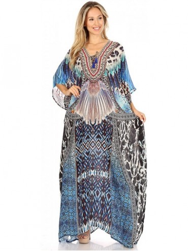 Cover-Ups Yeni Women's Short Sleeve V-Neck Summer Floral Long Caftan Dress Cover-up - Trb388-blue - CE197YM7YZM $45.87
