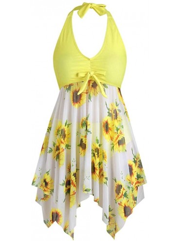 Racing Women's Two Piece Swimsuit Plus Size Swimdress Bathing Suit Halter Bowknot Contrast Sunflower Tankini Set Yellow - CR1...