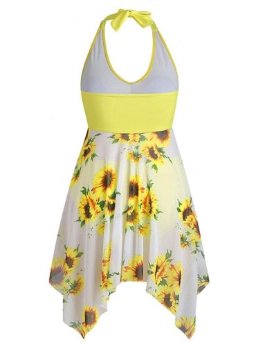 Racing Women's Two Piece Swimsuit Plus Size Swimdress Bathing Suit Halter Bowknot Contrast Sunflower Tankini Set Yellow - CR1...