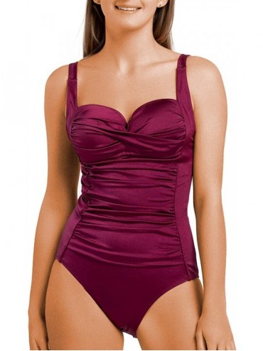 One-Pieces Women's One Piece Swimsuits Ruffle Front Swimwear Slimming Bathing Suit - Wine Red-31 - C718SEO05RK $39.01