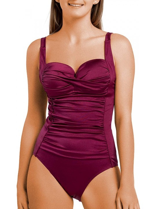 One-Pieces Women's One Piece Swimsuits Ruffle Front Swimwear Slimming Bathing Suit - Wine Red-31 - C718SEO05RK $22.98