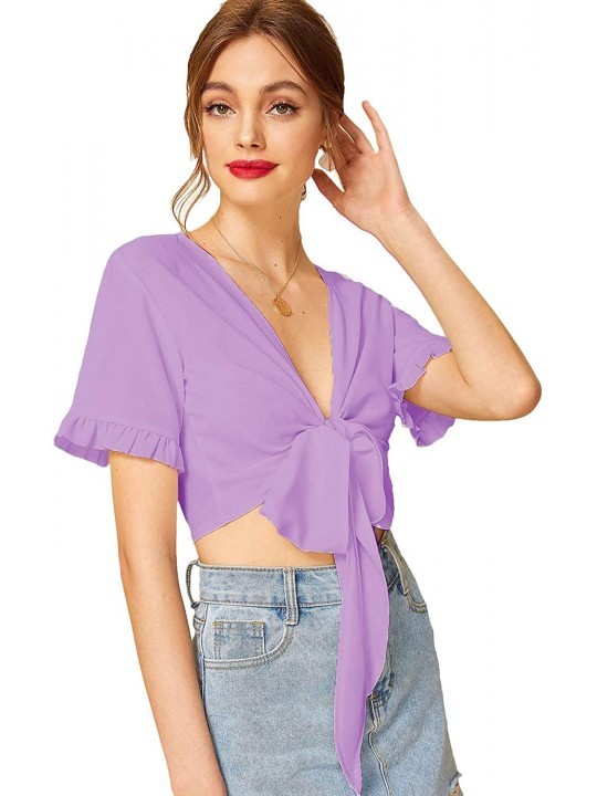 Cover-Ups Women's Summer Printed V Neck Bow Tie Crop Top Blouse - Purple - CN18UY8NXWW $16.92