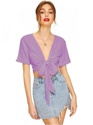 Cover-Ups Women's Summer Printed V Neck Bow Tie Crop Top Blouse - Purple - CN18UY8NXWW $16.92