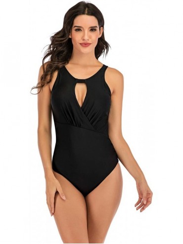 One-Pieces Women's High Neck One Piece Swimsuit Monokini Tummy Control Bathing Suit - Black - CU1949G3O7T $29.31