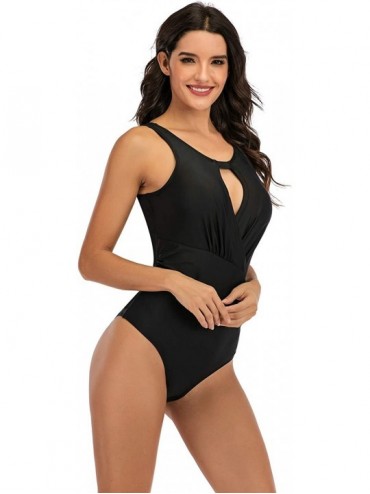 One-Pieces Women's High Neck One Piece Swimsuit Monokini Tummy Control Bathing Suit - Black - CU1949G3O7T $16.37