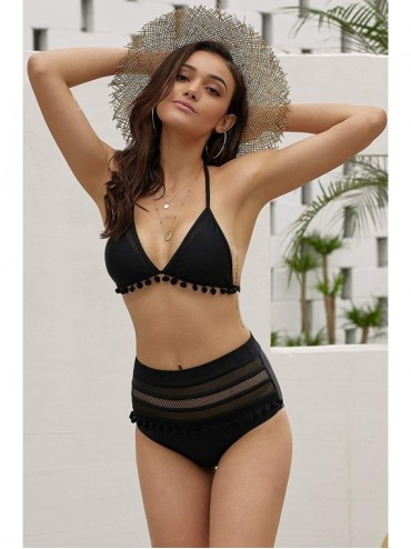 Sets Womens Two Piece Mesh Striped High Waist Bikini Set Tassel Trim Top Swimsuit - Black - C818RUI2K9T $24.89