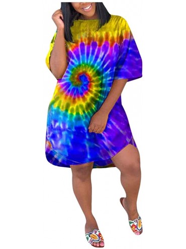 Cover-Ups Womens Tie Dye Short Sleeve Loose Fit Swing Tunic Tops Basic T Shirt Outfits Top Bodycon Dress - Yellow - CL190RRKD...
