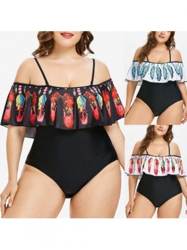 Tankinis Womens Sexy One Piece Padded Swimwear Plus Size Feather Swimsuit Bikini Tankini Sets - Blue - CL195AR54OU $17.64