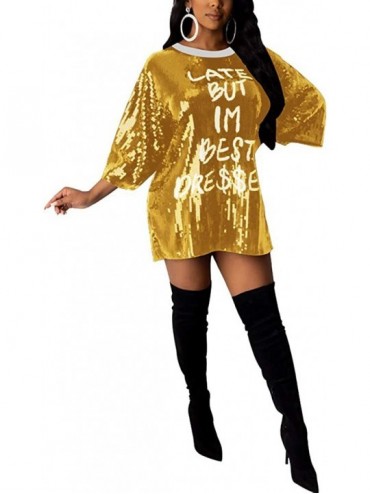 Cover-Ups Women Sequin Glitter Letter Print 3/4 Sleeve Round Neck Party Club Mini T Shirt Dress - Yellow - CM19453E8I3 $52.58