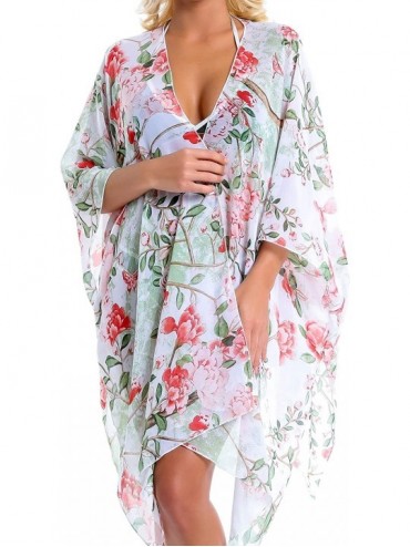 Cover-Ups Women Swimsuit Bathing Suit Beach Cover up Chiffon Floral Kimono Cardigan A (18) White With Red Camellia Flowers - ...