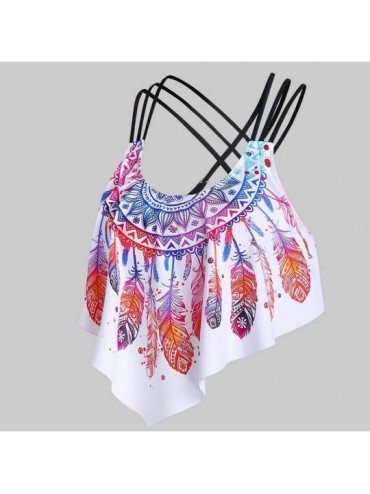 Sets Women Bikini Tops Swimwear Bohemian Dream Catcher Feather Print Push-Up Padded Overlay Flounce Tankini - Black - CG190MR...