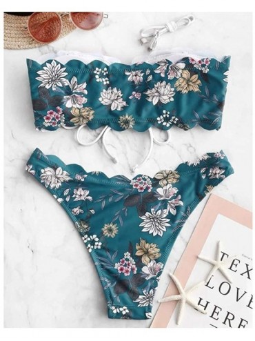 Sets Women's Floral Printed Bandage Vintage Swimsuit Two Piece Bikini Padded Bathing Suits Swimwear Suit Set - L-blue - CV195...