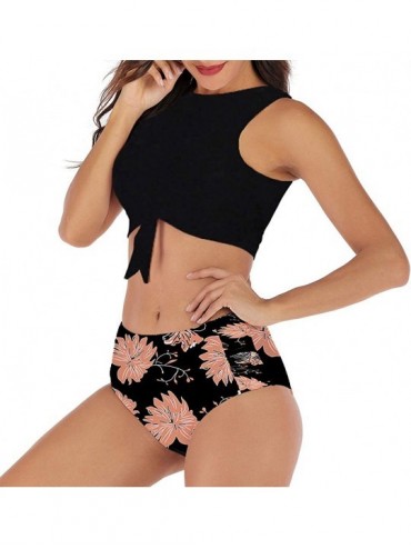 Sets Women's Sexy Lace High Neck Bow Knot Cutout Bikini Top Floral Print Two Pieces Tankini Set - Black Flower - CL18UIE052S ...