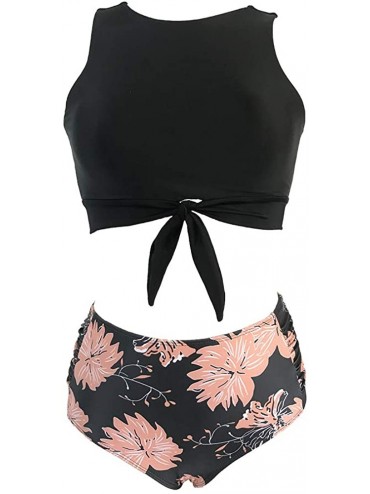 Sets Women's Sexy Lace High Neck Bow Knot Cutout Bikini Top Floral Print Two Pieces Tankini Set - Black Flower - CL18UIE052S ...