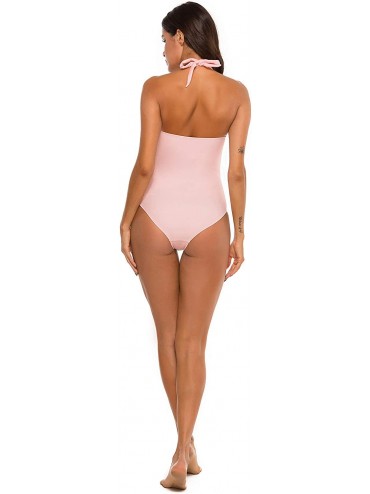 One-Pieces Womens One Piece Swimsuit Tummy Control Bathing Suit Halter Neck Ruched Swimwear - Pink - CJ1936SN4KN $26.70