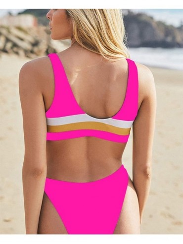 Sets Teen Girls/Womens Bikini Set Color Block Sporty Crop Top High Waisted Cheeky Two Piece Swimsuits - Pink - CI18SLX30UA $1...