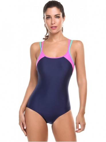 One-Pieces Women's One Piece Swimsuits Tummy Control Bathing Suits Plus Size Swimwear - 6405-navy Blue - C219262Q2IO $41.95
