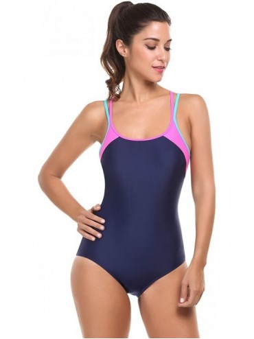 One-Pieces Women's One Piece Swimsuits Tummy Control Bathing Suits Plus Size Swimwear - 6405-navy Blue - C219262Q2IO $19.12