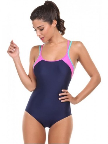 One-Pieces Women's One Piece Swimsuits Tummy Control Bathing Suits Plus Size Swimwear - 6405-navy Blue - C219262Q2IO $19.12