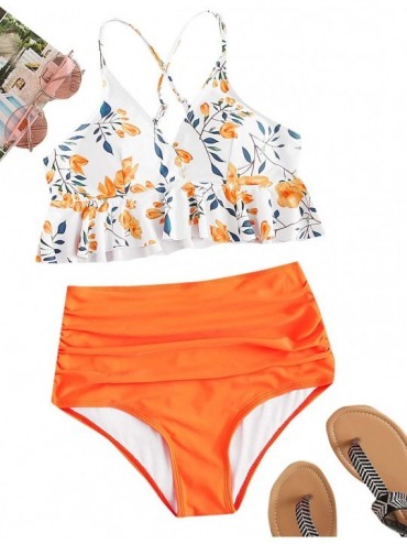 Sets Women's Sexy Bathing Suit Floral Print Cross Back Bikini Set Swimsuits - Orange-4 - C419324HMO7 $11.78