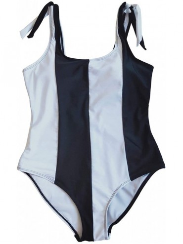 One-Pieces Women's One Piece Black and White Stripes Swimsuit with Adjustable Straps - Us14 White - CX18RMK37IG $45.08
