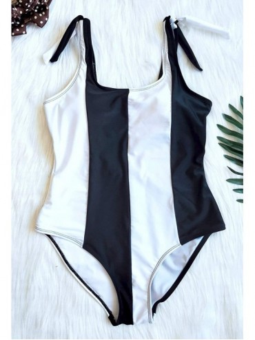 One-Pieces Women's One Piece Black and White Stripes Swimsuit with Adjustable Straps - Us14 White - CX18RMK37IG $18.03