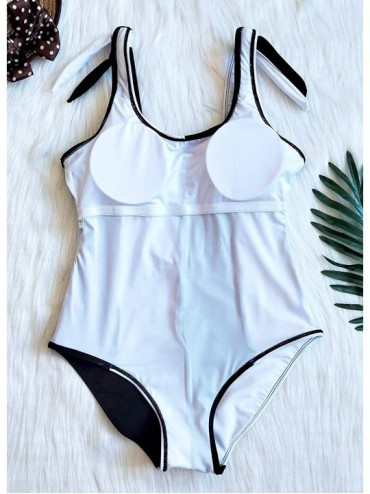 One-Pieces Women's One Piece Black and White Stripes Swimsuit with Adjustable Straps - Us14 White - CX18RMK37IG $18.03