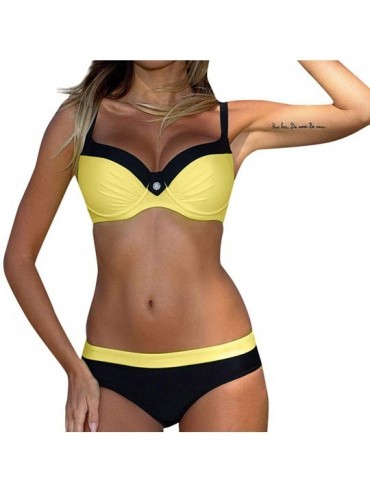 Sets New Womens Solid Padded Push up 2 Piece Bikini Sets Tankini Top Triangle Swimsuit T Back V Style Bottom - C yellow - C81...