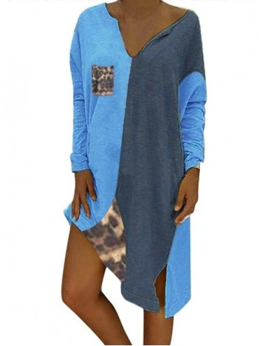 Bottoms Women's Patchwork Long Mini Dress Plus Size Loose Leopard Sleeve O-Neck - B-blue - CD18X5DTY2O $30.44