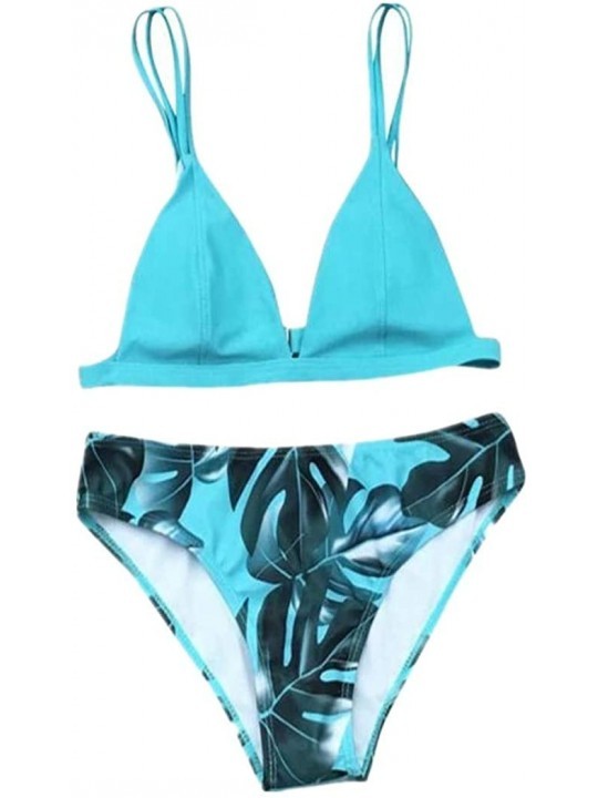 Sets Lady Swimwear Separates Bikini Set Print Leaves Bottoms Push Up Padded Top Bathing Suits Swimsuit 2 Piece Z sky Blue - C...