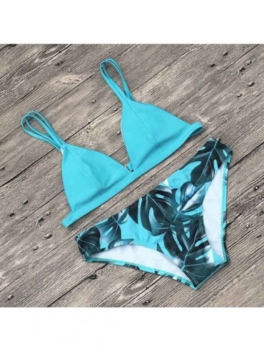 Sets Lady Swimwear Separates Bikini Set Print Leaves Bottoms Push Up Padded Top Bathing Suits Swimsuit 2 Piece Z sky Blue - C...