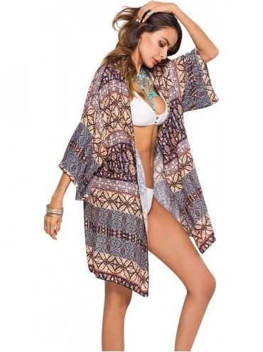 Cover-Ups Women's Floral Print Beachwear Swimsuit Cover up Cardigan Chiffon Loose Blouse - Coffee - CW18GCEUQY4 $23.64