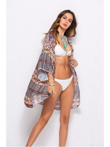 Cover-Ups Women's Floral Print Beachwear Swimsuit Cover up Cardigan Chiffon Loose Blouse - Coffee - CW18GCEUQY4 $13.41