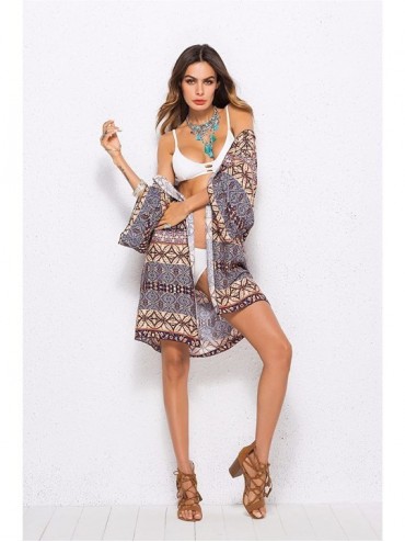 Cover-Ups Women's Floral Print Beachwear Swimsuit Cover up Cardigan Chiffon Loose Blouse - Coffee - CW18GCEUQY4 $13.41